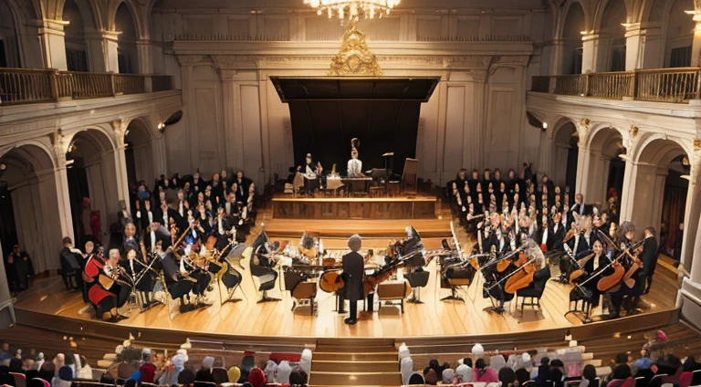 Symphony orchestra performing in concert hall,A large audience