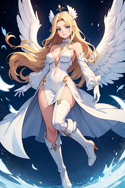 long blond hair girl with angel translucent wings, blue eyes, beautiful body in a white turtleneck dress, white long boots and white gloves and and a necklace with a red stone in a darkstyle