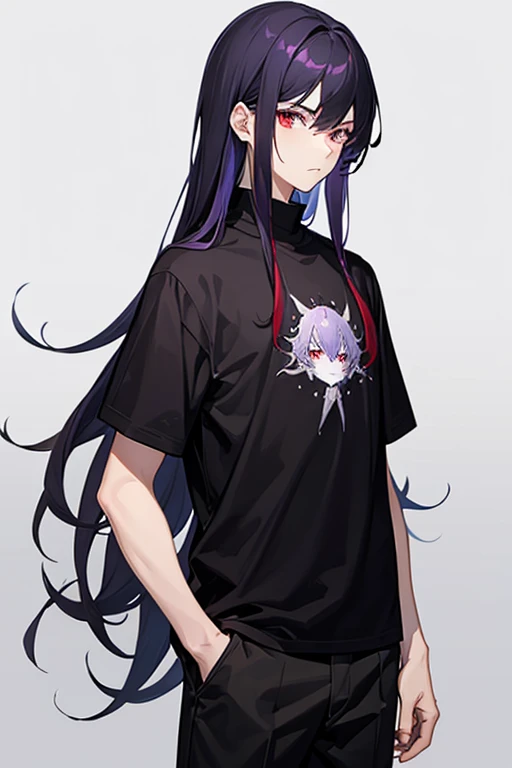 1boy, black lilac hair, long hair, red eyes, casual clothes