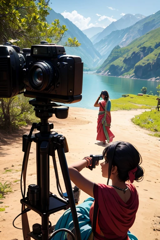 indian women shooting a movie looking through the camera, scenic background