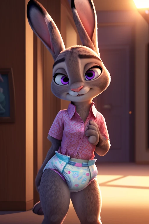 (uploaded on e621,8k, RAW photo,high resolution,high quality), ((waring a big pink patterned diaper)), ((masterpiece)), female, ((judy hopps)), (wear adorable button shirt and no pants),#, pink collar, (tail) (cinematic lighting), backlighting, embarrassed, humiliated, (shaded), detailed background, beautiful purple eyes