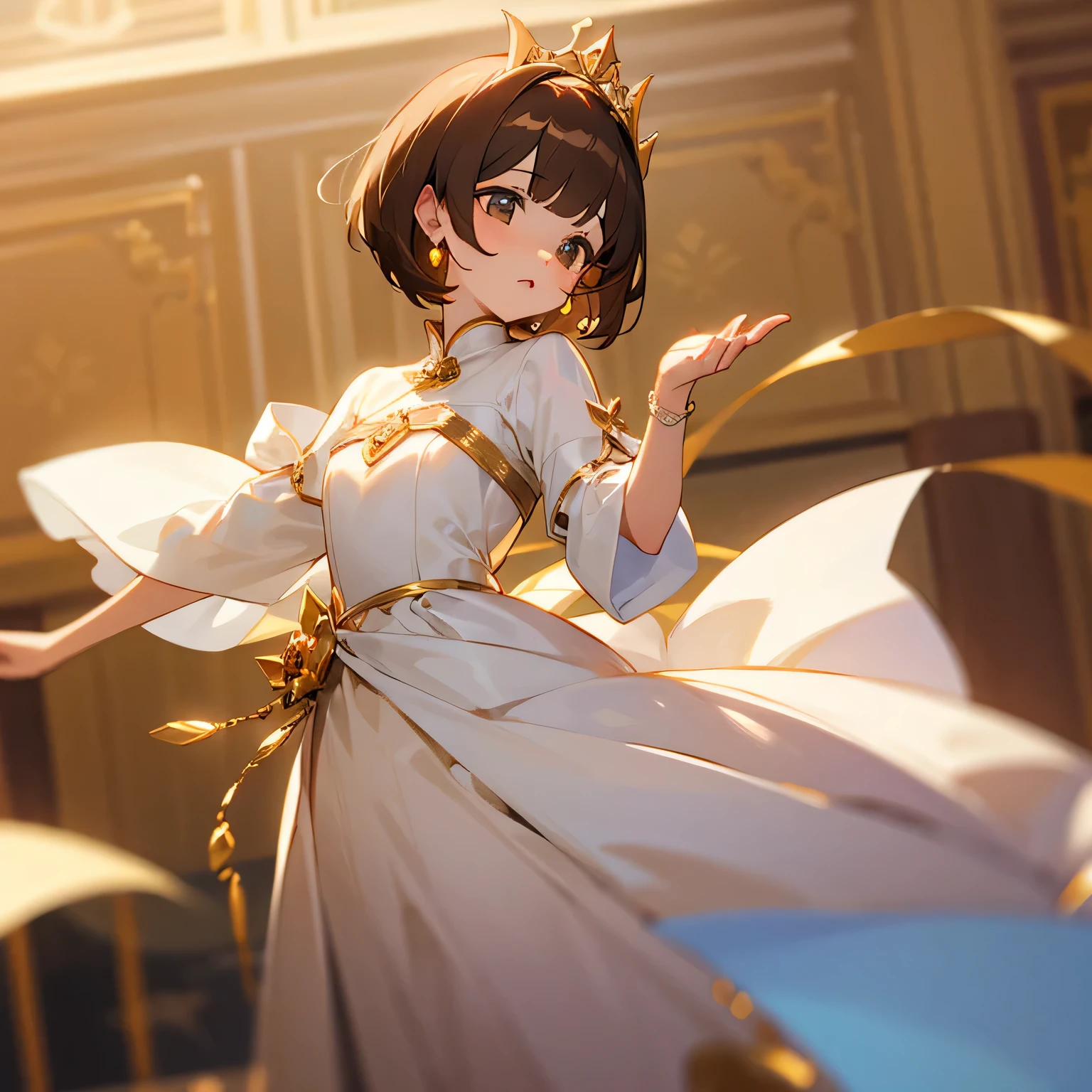 girl、brown hair、short hair、White Dress、tiara、Princess、Golden Palace