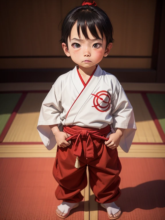 、4 year old bing posture、Wearing a costume、Kumatori face in Kabuki(Draw a red line on a white)、Kabuki Stage、Bright lighting