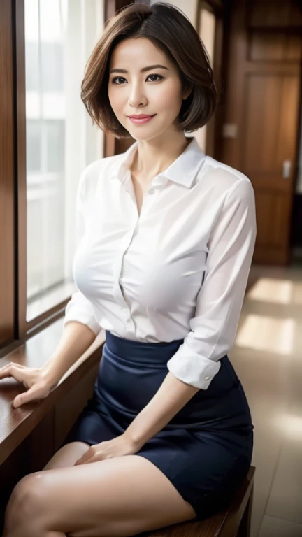 (highest quality,8k,masterpiece),
日本人Mature Woman,40 years,Mature Woman,Pure white skin,
depicting big breasts,　white collared blouse、Navy blue tight skirt、Medium Hair、
Sit with your legs apart,A gentle smile、A gaze that seduces viewers、In-house offices、