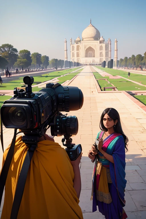 indian women shooting a movie looking through the camera, Taj Mahal in the background