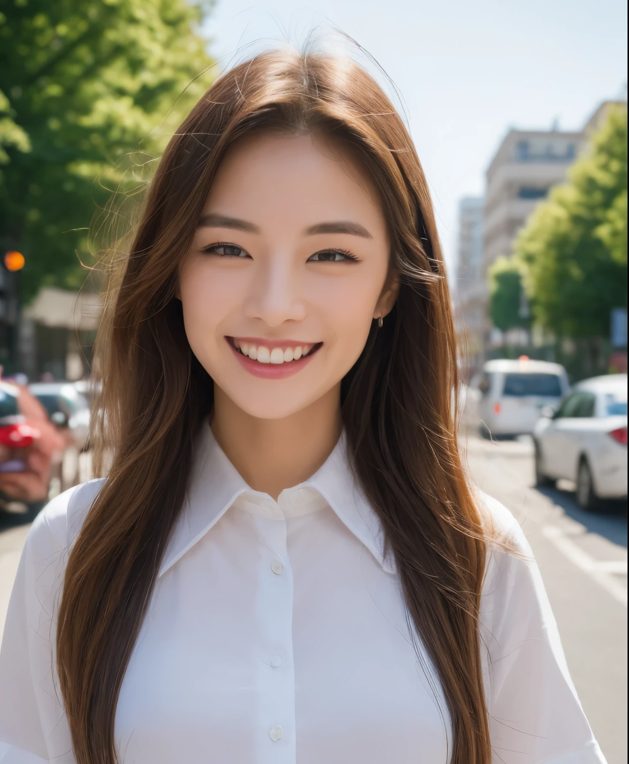 A close up of a woman with long hair standing on a street - SeaArt AI