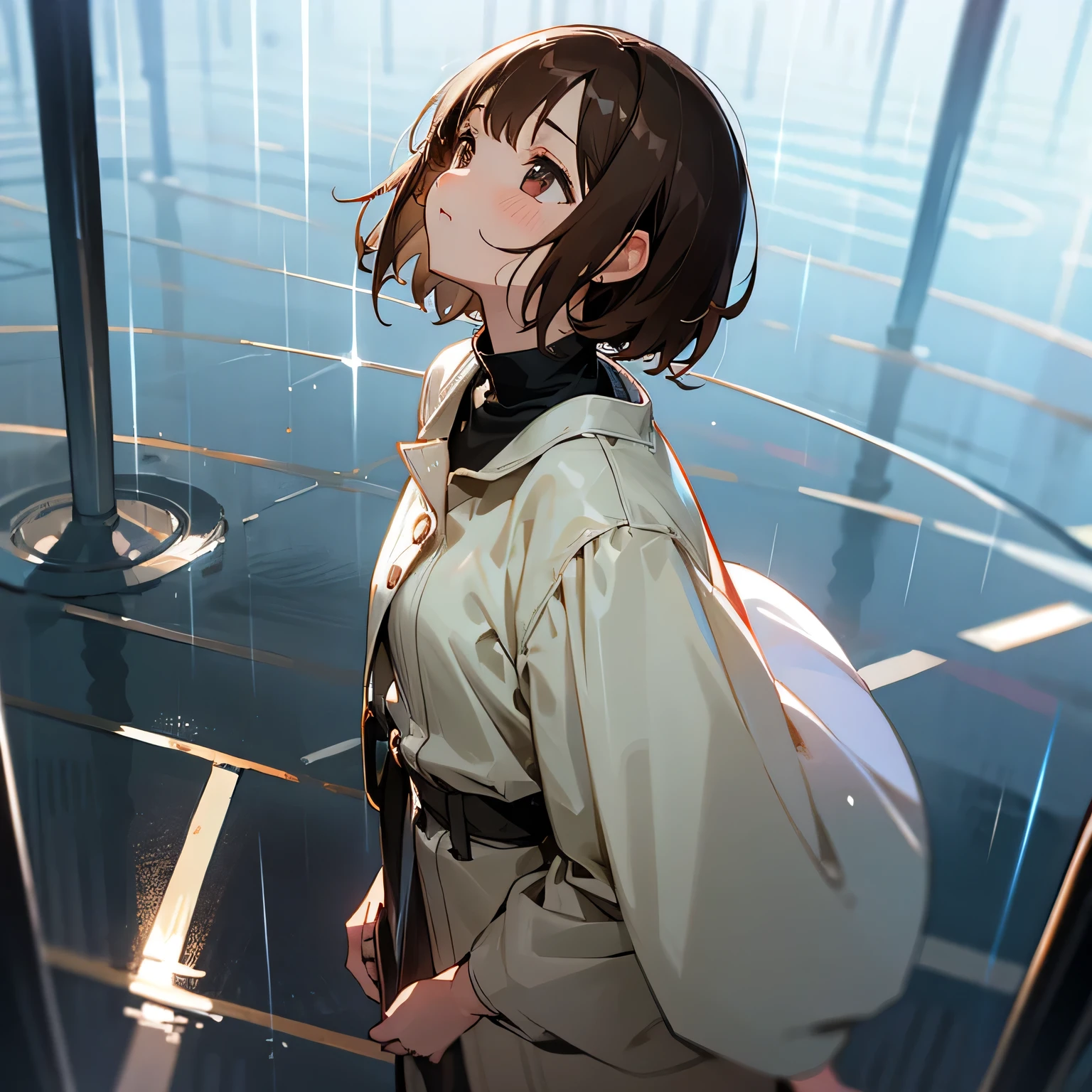 girl、brown hair、short hair、rain、look up