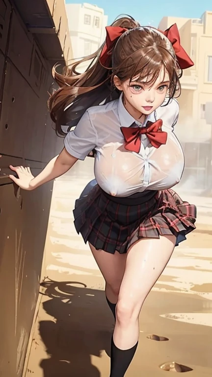 wet and sweaty , Nipples can be seen through , school girl in desert , steam