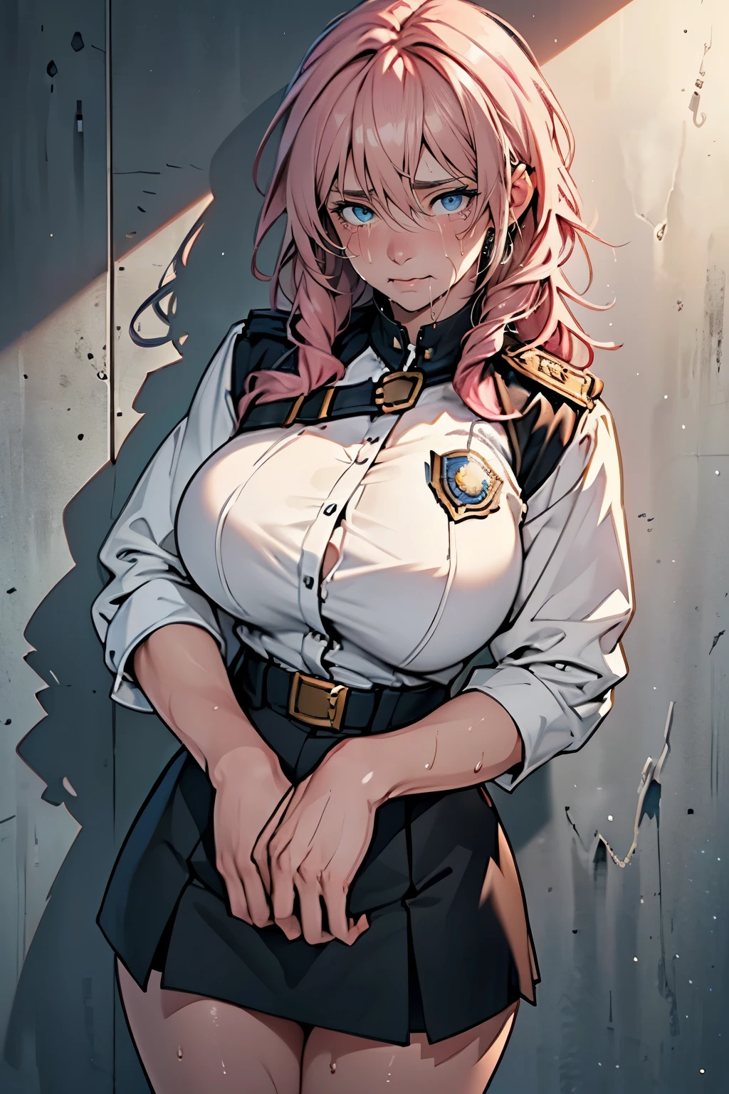 (Highly detailed CG Unity 8k wallpaper), (Masterpiece), (Highest quality), (Super detailed), (Best illustration), (Best shadow), (Absurd), 20 years old, Shy, Embarrassing, Sweat, steam, looking at the viewer, girl, long hair, pink hair, white blouse, black skirt, upturned eyes, police woman, police badge on the chest,