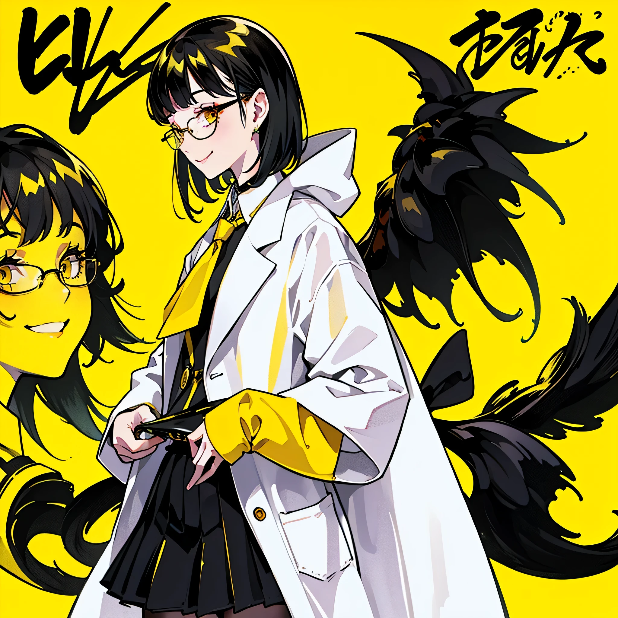 Standing against a background of black and yellow hair, 1 girl, One Girl(1:2)、 smile、Compensate、Red cheeks、short hair, Yellow Skirt, shirt, Black Hair, tie, ((doctor))、Private room、doctor style、((White long coat type lab coat))、Glasses, white shirt, Yellow Eyes, black tie, jewelry, Pleated skirt, From the side, Short sleeve, collared shirt, shirt tucked in,rum \(Rum dayo\),Yellow and black theme color、The background is solid yellow、Super simple yellow solid background,Waiting for the gentleman to start