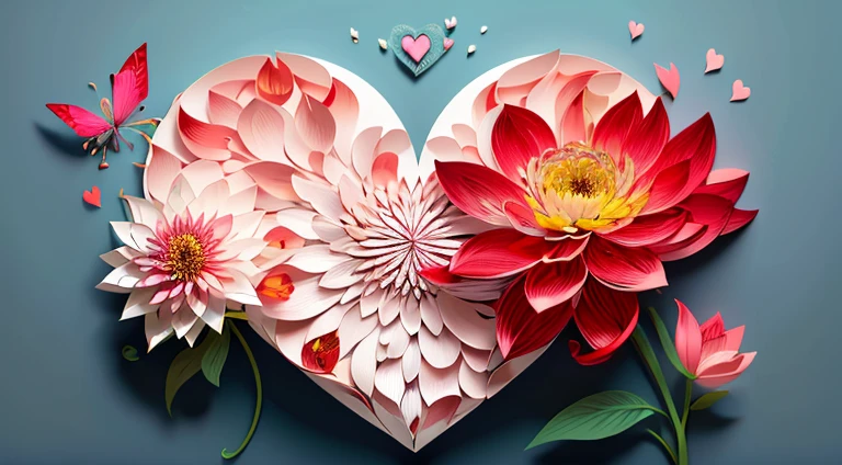Realistic, (Best quality, Masterpiece: 1.3), Illustration, Whole heart shape, Beautiful butterfly in the center, Floating on Dahlias, Cloudy sky, Paper cut, Pattern, Pink background