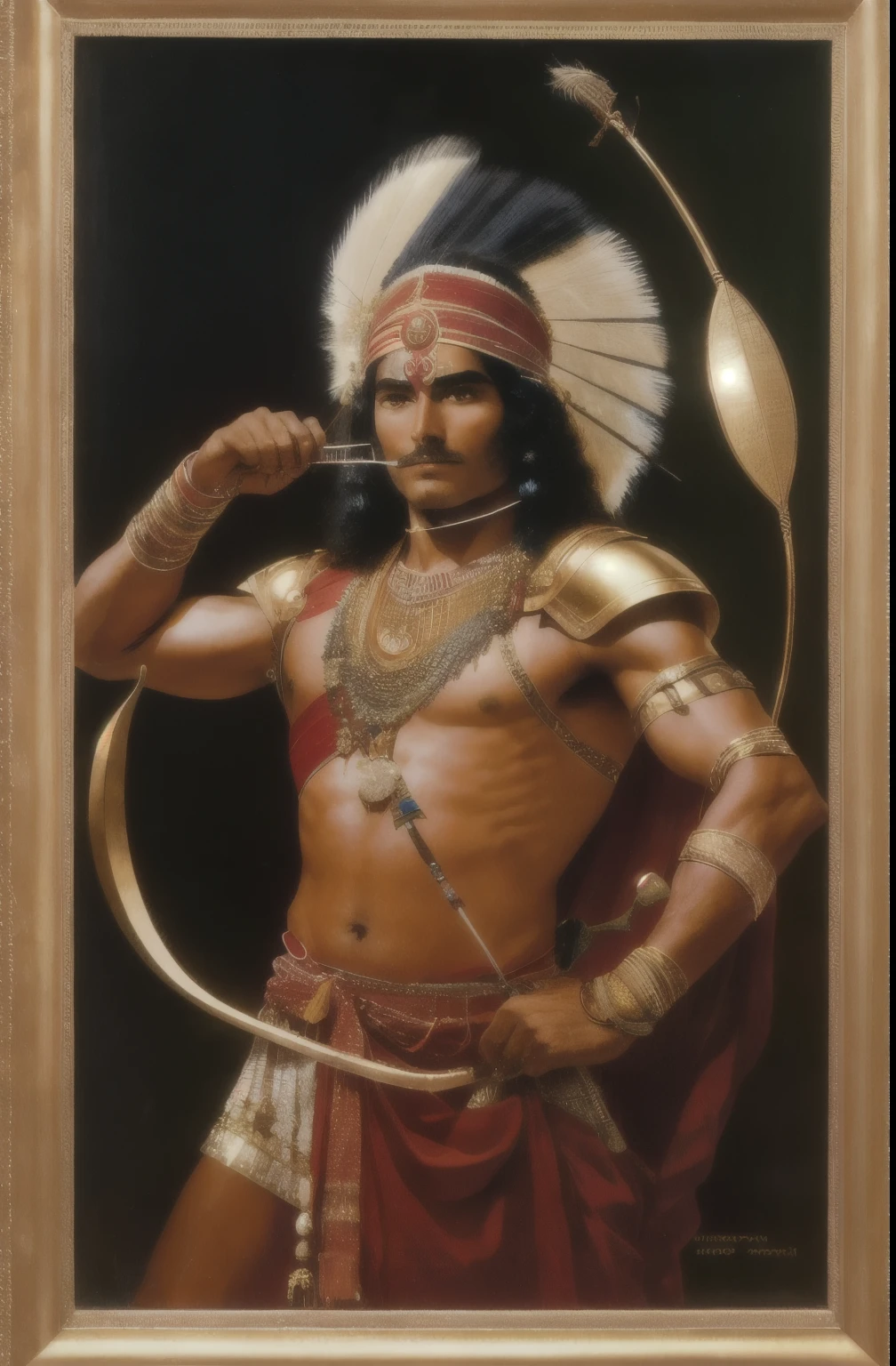 Indian warrior holding golden mirror and a bow and arrow with a girl