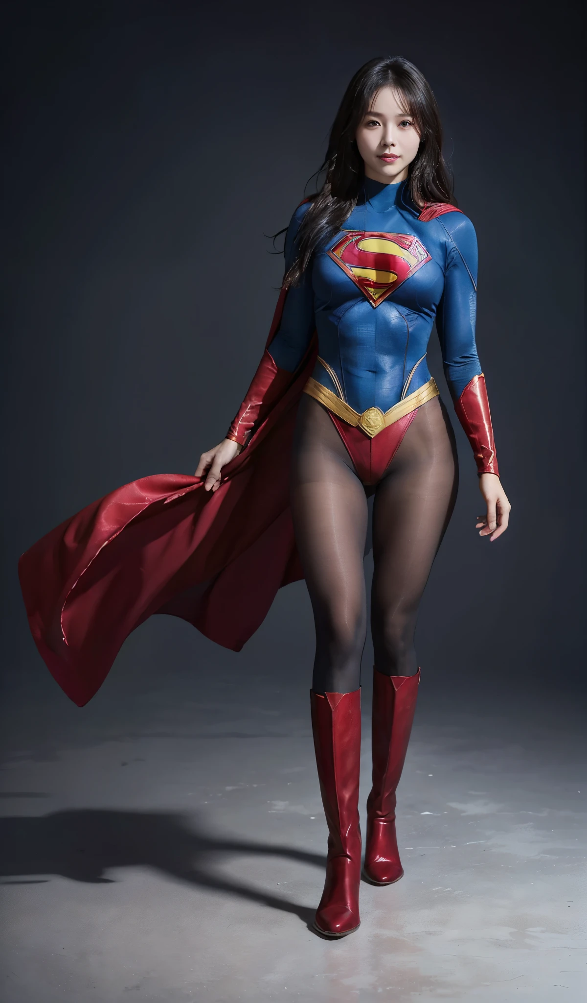 No background、(((Beautiful legs in black tights.)))、(((Legally express the beauty of your smile)))、((((Make the most of your original images)))、(((Supergirl Costume)))、(((Beautiful Hair)))、(((suffering)))、(((Please wear black tights....、Wear red boots)))、((Best image quality、8K))、((highest quality、8K、masterpiece:1.3))、(((Preserve background )))、Sharp focus:1.2、Beautiful woman with perfect figure:1.4、Thin abdominal muscles:1.2、Wet body:1.5、Highly detailed face and skin texture、8K