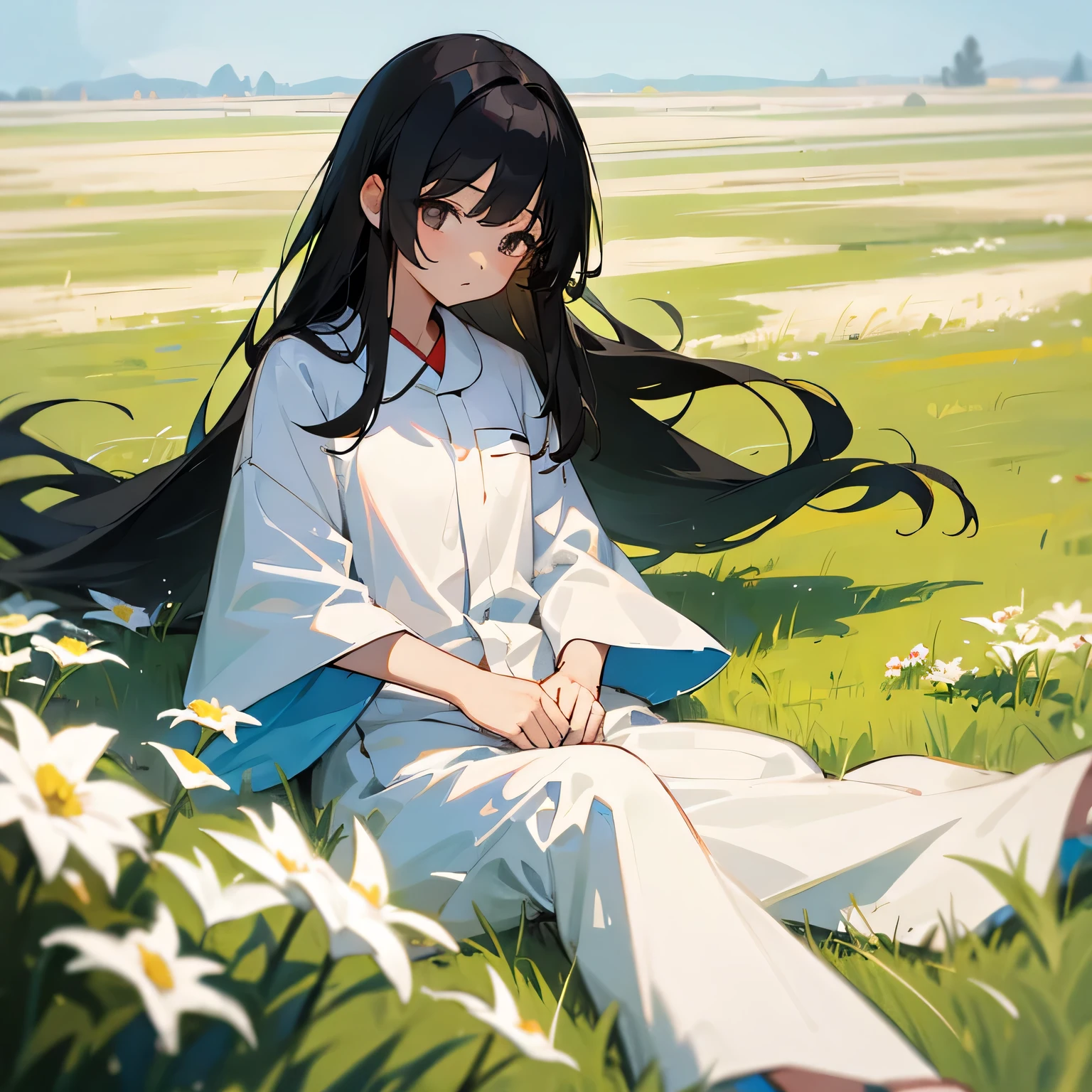 girl、Black Hair、Long Hair、White pajamas、On the grassland、lonely、Asahi
