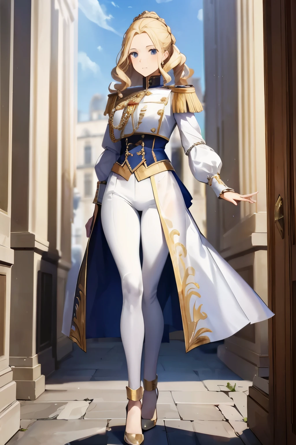 A French girl，Solitary，the three musketeers，Royal Guard Clothing，Gorgeous Guards Costume，Blonde French Curls，Pauline Bonaparte，Napoleonic era，White tight trousers，Thin waist，slender legs