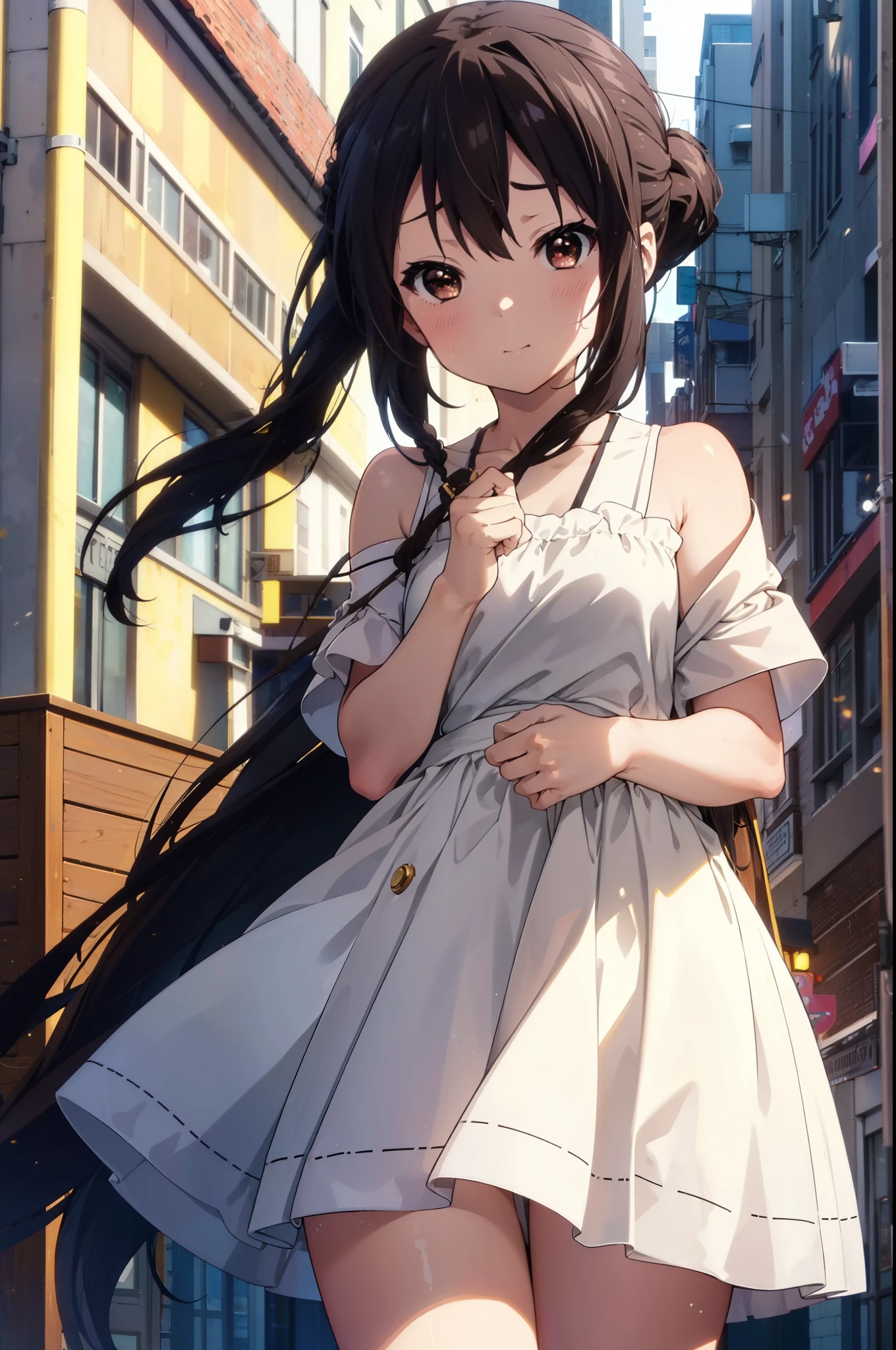 azusanakano, Azusa Nakano, Black Hair, (Brown eyes:1.5), Long Hair, smile,blush,ponytail,Short braided hair,yellow headband ,Long skirt integrated dress,Bare neck,bare clavicle,Bare shoulders,Cute Sandals,Daytime,Clear skies、
break indoors, In town,Building district,City Street,
break looking at viewer, (Cowboy Shot:1.5),
break (masterpiece:1.2), highest quality, High resolution, unity 8k wallpaper, (figure:0.8), (Beautiful fine details:1.6), Highly detailed face, Perfect lighting, Highly detailed CG, (Perfect hands, Perfect Anatomy),