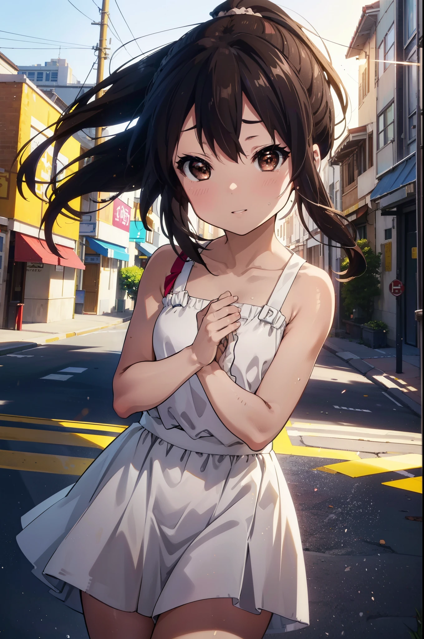 azusanakano, Azusa Nakano, Black Hair, (Brown eyes:1.5), Long Hair, smile,blush,ponytail,Short braided hair,yellow headband ,Long skirt integrated dress,Bare neck,bare clavicle,Bare shoulders,Cute Sandals,Daytime,Clear skies、
break indoors, In town,Building district,City Street,
break looking at viewer, (Cowboy Shot:1.5),
break (masterpiece:1.2), highest quality, High resolution, unity 8k wallpaper, (figure:0.8), (Beautiful fine details:1.6), Highly detailed face, Perfect lighting, Highly detailed CG, (Perfect hands, Perfect Anatomy),