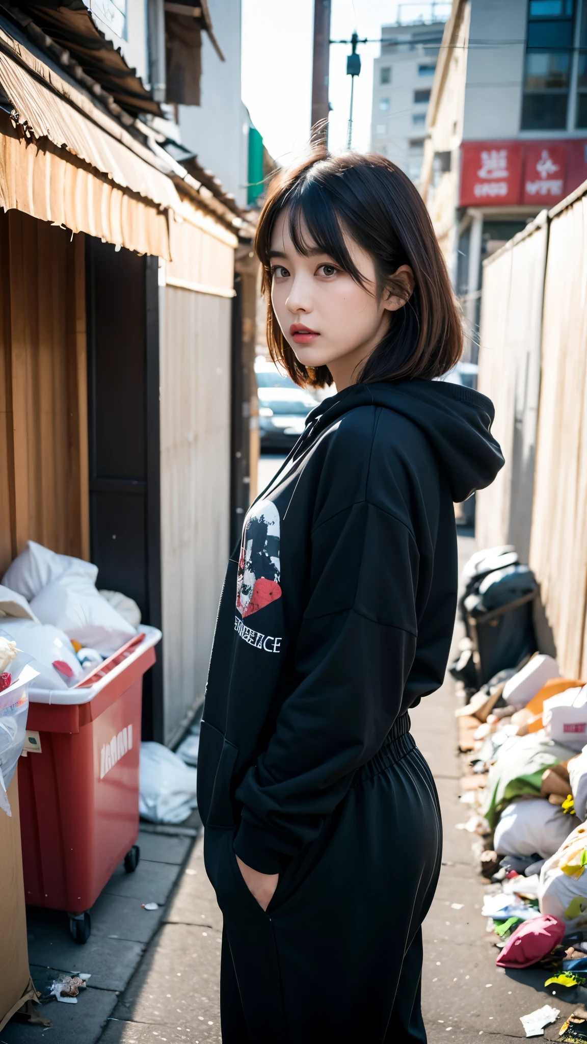 18-year-old,Korean women,(((Slums))),,((( in a destroyed city))),(((Frowning,カメラをGlaring))),((((Rubble pile))),Very fine eye, junk,(((Wearing a long black hoodie,Wearing baggy pants))),(((Collapsing Building))),(((old buildings))),((photograph)),((A woman near a garbage dump)),(((Fabric Shading))), (((highest quality))), (((masterpiece))) strong girl, ((((Realistic)))),,Black Hair, chic hairstyle, ((With bangs,Straight medium bob cut, nice hair)), Light makeup,Red eyes, (((I&#39;m not wearing lipstick))), (nice, strong), (((Strong night atmosphere))), Centered Images, Looking at the camera, Elegant colors,Realistic Skin,Realistic texture,８k,whole body,Pale skin, (((Dirty garbage dump))),A huge amount of trash,Red iris,Expressionless,Glaring,Perfect Face,(((Big eyes))),She is wearing wide black baggy pants,Mouth closed, portrait of aespaのウィンター,She is wearing black streetwear, Woman in black streetwear, 黒いハイテクな服を着た女性のphotograph, Girl wearing black hoodie, Cyberpunk Streetwear, Cyberpunk Streetwear street fashion e-girl,
