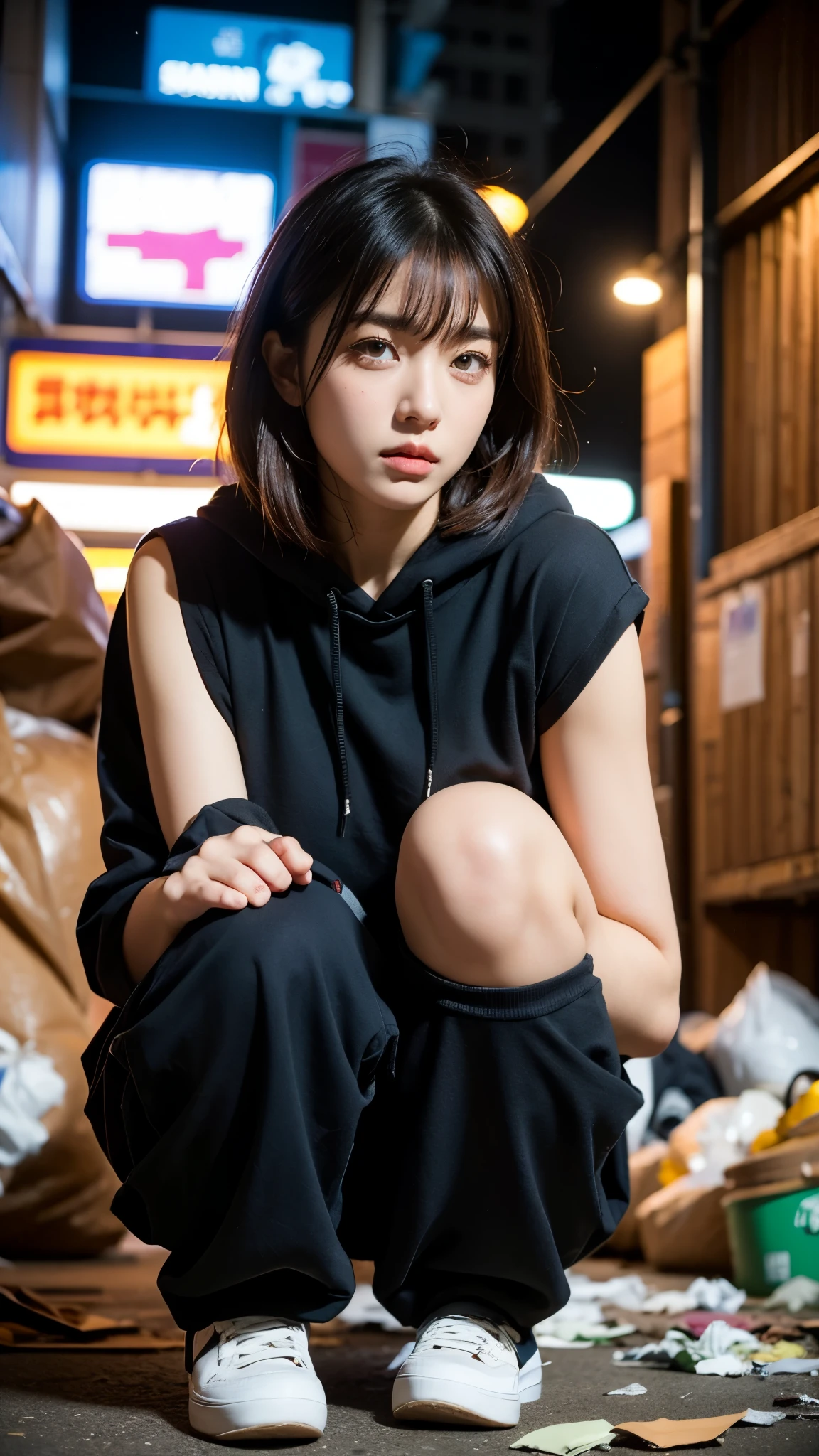 (((Crouching down and looking at me))),(((Perfect Fingers))),18-year-old,Korean women,Downtown trash dump,(((Facing forward))),(((Frowning,カメラをGlaring))),(Very fine eye), (((Wearing a black hoodie,Wearing baggy pants))),((photograph)),((Woman in downtown)),(((Fabric Shading))), (((highest quality))), (((masterpiece))) strong girl, ((((Realistic)))), I have a card,Black Hair, chic hairstyle, ((With bangs,Straight medium bob cut, nice hair)), Light makeup,Red eyes, (((I&#39;m not wearing lipstick))), (nice, strong), Strong night atmosphere,  Centered Images, Focus on the camera, Elegant colors,Realistic Skin,Realistic texture,８k,whole body,Pale skin, (((Dirty garbage dump))),A huge amount of trash,Red iris,Expressionless,Glaring,Perfect Face,(((Big eyes))),She is wearing wide black pants,Mouth closed, portrait of aespaのウィンター,She is wearing black streetwear, Woman in black streetwear, 黒いハイテクな服を着た女性のphotograph, Girl wearing black hoodie, Cyberpunk Streetwear, Cyberpunk Streetwear street fashion e-girl,