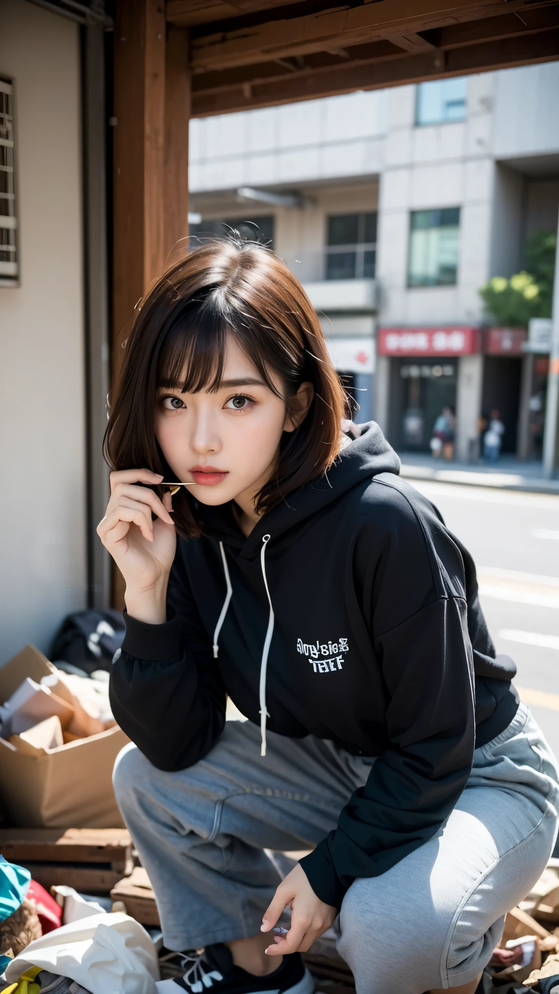 18-year-old,Korean women,((((squatting down and picking up trash)))),(((Dirty neon street at night))),(((Facing forward))),(((Frowning,カメラをGlaring))),(Very fine eye),((I can't see my stomach)), (((Wearing a long black down jacket,Wearing baggy pants))),(((Collapsing Building))),(((old buildings))),((photograph)),((A woman near a garbage dump)),(((Fabric Shading))), (((highest quality))), (((masterpiece))) strong girl, ((((Realistic)))), I have a card,Black Hair, chic hairstyle, ((With bangs,Straight medium bob cut, nice hair)), Light makeup,Red eyes, (((I'm not wearing lipstick))), (nice, strong), (((Strong night atmosphere))), Centered Images, Looking at the camera, Realistic Skin,Realistic texture,8k,whole body,Pale skin, (((Dirty garbage dump))),A huge amount of trash,Red iris,Expressionless,Glaring,Perfect Face,(((Big eyes))),Wide black baggy pants,Mouth closed, portrait of aespaのウィンター,She is wearing black streetwear, Woman in black streetwear, 黒いハイテクな服を着た女性のphotograph, Girl wearing black hoodie, Cyberpunk Streetwear, Cyberpunk Streetwear street fashion e-girl,
