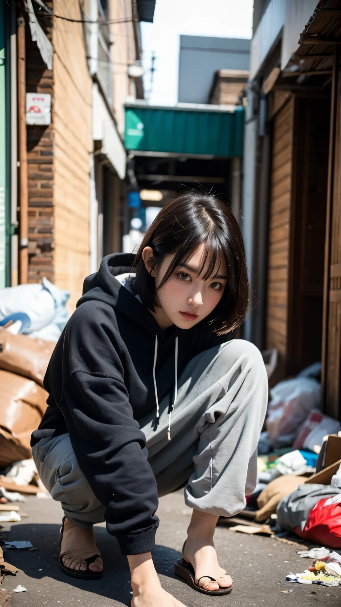 aespakarina,Bobcut,Beggar,beggar,(((Homeless))),abandoned style room,Crouching,Angry face,Bad complexion,Dirty,Full of trash,Korean,18-year-old,woman,Pitch black,Tattered clothes,(((Bad mood))),((( Oil,Mud stains,shit,dirty))),(((Frowning,カメラをGlaring))),((((Rubble pile))),Very fine eye, (((Wearing tattered black clothing,He's wearing ripped black pants))),(((Tragic))),((photograph)),(((Fabric Shading))), (((highest quality))), (((masterpiece))) strong girl, ((((Realistic)))),,Black Hair, chic hairstyle, ((With bangs,ストレートミディアムBobcut, nice hair)), Light makeup,Red eyes, (((I'm not wearing lipstick))), (nice, strong), Centered Images, Looking at the camera, Elegant colors,Realistic Skin,Realistic texture,8k,whole body,Pale skin,Red iris,Expressionless,Glaring,Perfect Face,(((Big eyes))),Holding a blank board