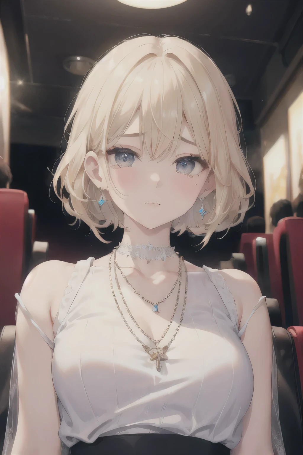 ((highest quality)), ((masterpiece)), (detailed), Perfect Face、movie theatre、I was so moved that I burst into tears.、blonde、Earrings、necklace、Fashionable clothes、