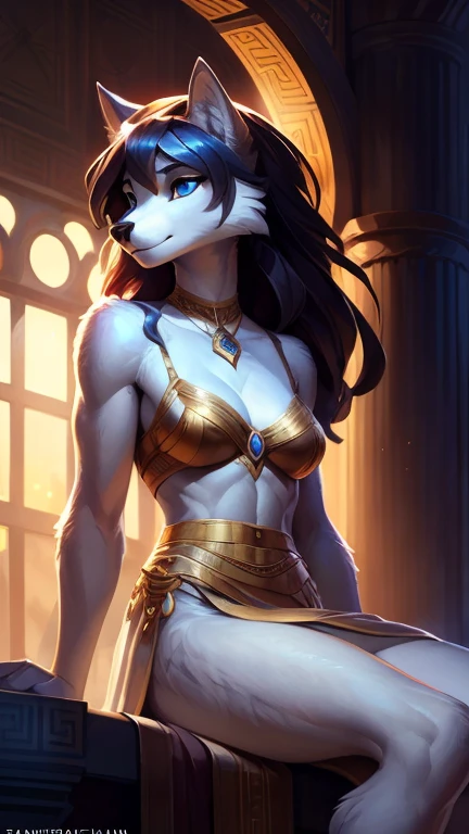 Pure white wolf, Pure white wolf girl, naked except gold adornments, gold adornments, gold jewelry, uploaded on e621, by Pixelsketcher, by Bayard Wu, by Thomas Benjamin Kennington , by Einshelm, solo anthro, (( Portrait)), BREAK, (detailed Bonifasko lighting), natural goddess, (Detailed fur), (detailed skin), BREAK, Athena, (Cinematic lighting), ((Detailed background)), (half body shadow), [Backlighting], [crepuscular ray], [Detailed ambient light], (higher wildlife feral detail), [sharp-focus], (shaded), ((Masterpiece), long wavy hair, fit body, Fluffy wolf, Wavethesallow Face, furry fantasy art, anthro art, commission for high res, Furry art, pov furry art, Sakimichan is beautiful, perfect eyes, toned abbs, Masterpiece, Best Quality, Detailed image, Bright colors, Detailed Face, perfect  lighting, Perfect shadows, Perfect eyes, focus on girl, Hourglass body, shiny body, legs focus, Ears last year, wolf Girl, Fluffy, fluffy woman, Body fur, Animal nose, muzzle, white fur, (Best Quality:1.2), (illustartion:1.2), (Cinematic lighting:1.3), Detailed fur, squatting, working out, front view, low view angle