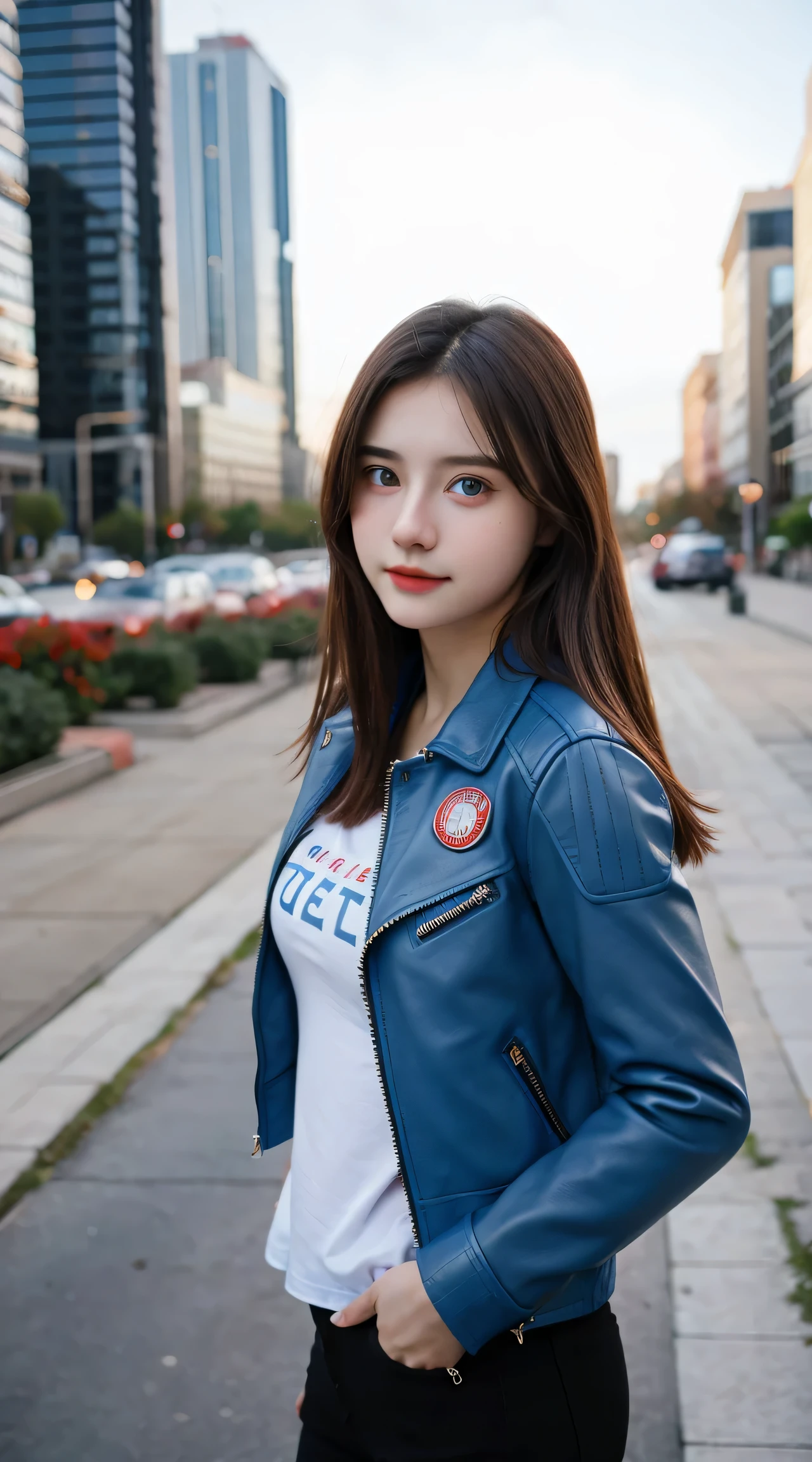 Gorgeus Girl, Beautiful, Baby Face, 20 Years Old, White Skin, Beside, Sexy Pose, long red t-shirt, Blue Eye, Bokeh, city Background, Masterpiece, asking for a hug, full body Shot, open arms, Leather Jacket Long Sleeve Zipper