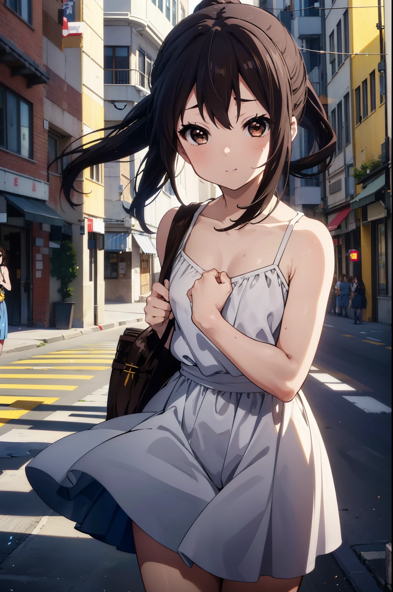 azusanakano, Azusa Nakano, Black Hair, (Brown eyes:1.5), Long Hair, smile,blush,ponytail,Short braided hair,yellow headband ,Long skirt integrated dress,Bare neck,bare clavicle,Bare shoulders,Cute Sandals,Daytime,Clear skies、
break indoors, In town,Building district,City Street,
break looking at viewer, (Cowboy Shot:1.5),
break (masterpiece:1.2), highest quality, High resolution, unity 8k wallpaper, (figure:0.8), (Beautiful fine details:1.6), Highly detailed face, Perfect lighting, Highly detailed CG, (Perfect hands, Perfect Anatomy),