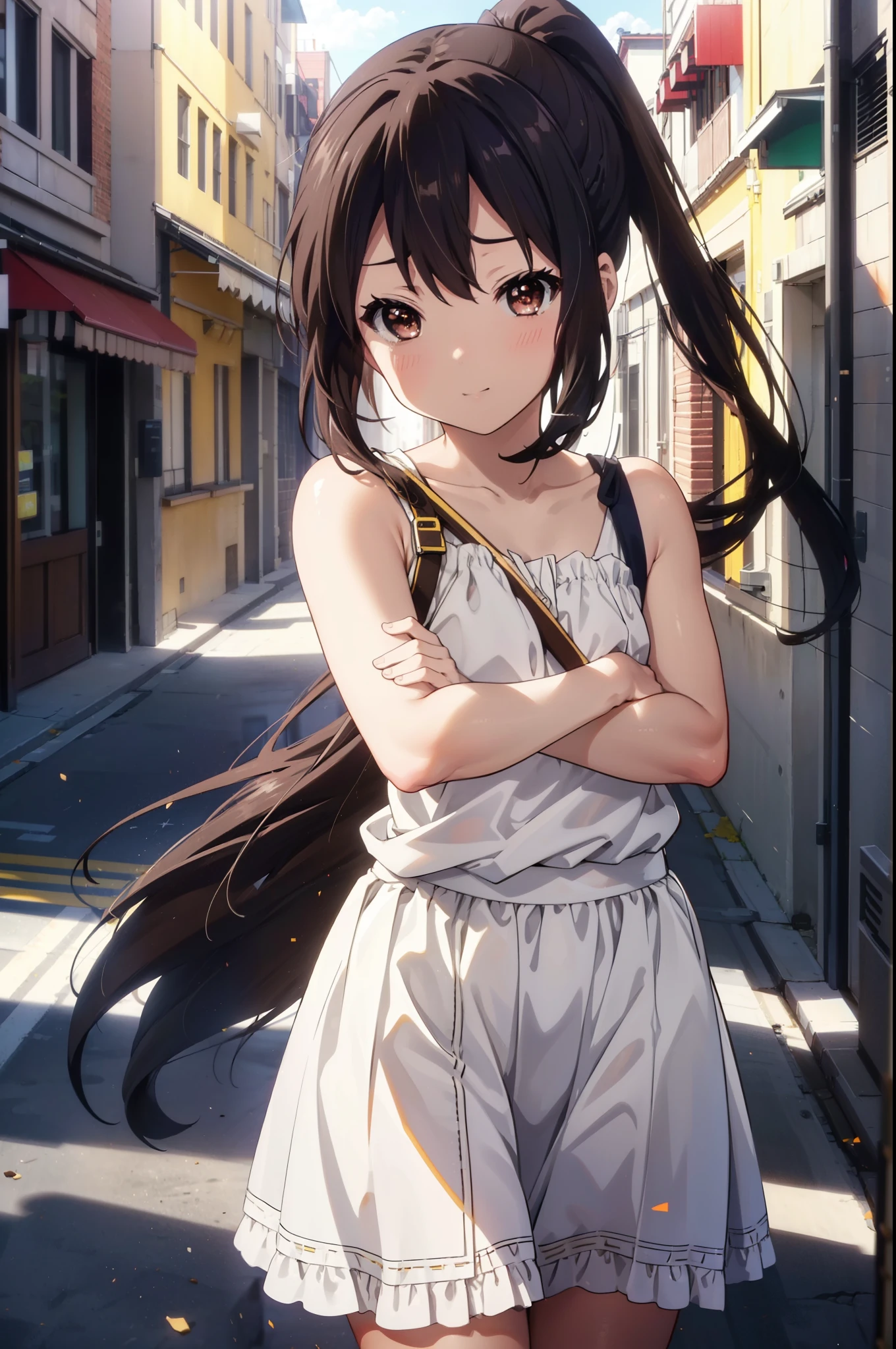 azusanakano, Azusa Nakano, Black Hair, (Brown eyes:1.5), Long Hair, smile,blush,ponytail,Short braided hair,yellow headband ,Long skirt integrated dress,Bare neck,bare clavicle,Bare shoulders,Cute Sandals,Daytime,Clear skies、
break indoors, In town,Building district,City Street,
break looking at viewer, (Cowboy Shot:1.5),
break (masterpiece:1.2), highest quality, High resolution, unity 8k wallpaper, (figure:0.8), (Beautiful fine details:1.6), Highly detailed face, Perfect lighting, Highly detailed CG, (Perfect hands, Perfect Anatomy),