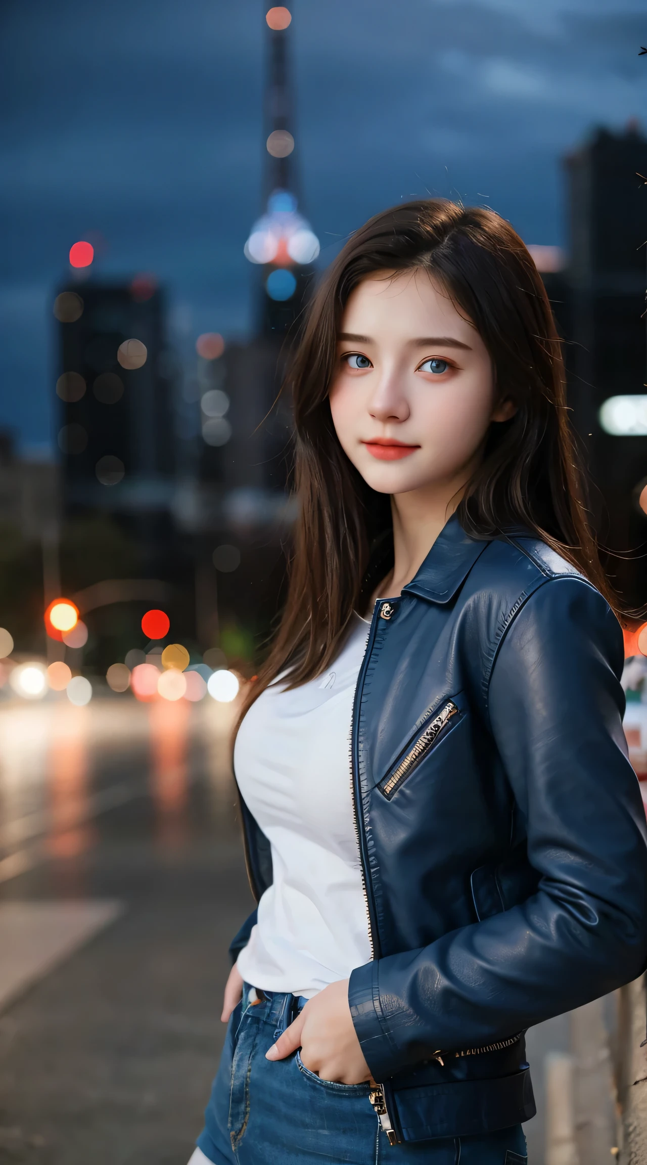 Gorgeus Girl, Beautiful, , 20 Years Old, White Skin, Beside, Sexy Pose, long red t-shirt, Blue Eye, Bokeh, city Background, Masterpiece, asking for a hug, full body Shot, open arms, Leather Jacket Long Sleeve Zipper