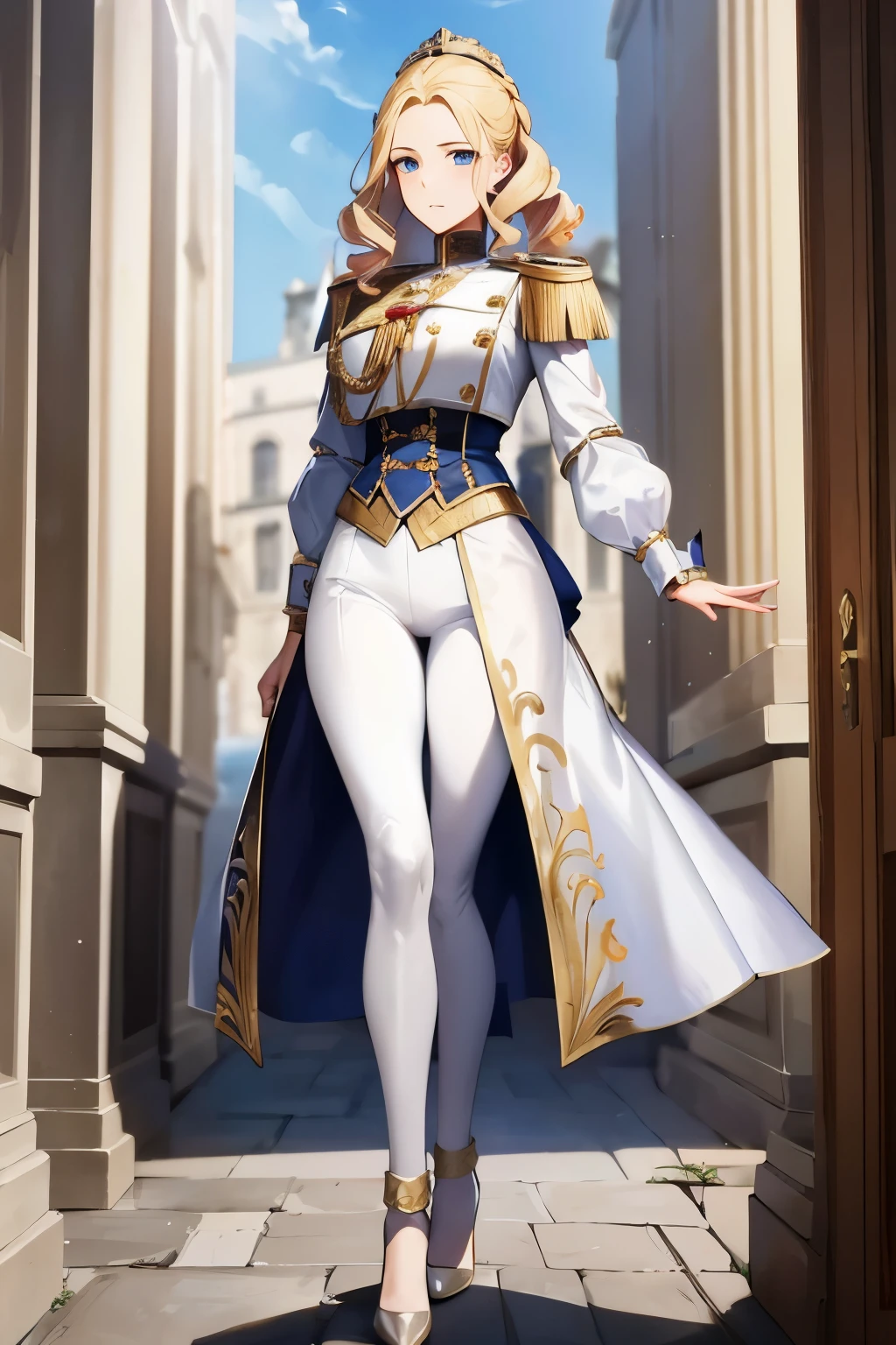 A French girl,Solitary,the three musketeers,Royal Guard Clothing,Gorgeous Guards Costume,Blonde French Curls,Pauline Bonaparte,Napoleonic era,White tight trousers,Thin waist,slender legs