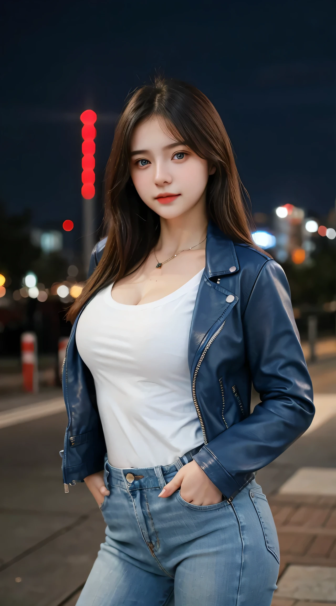 Gorgeus Girl, Beautiful, , 20 Years Old, White Skin, Beside, Sexy Pose, long red t-shirt, Blue Eye, Bokeh, city Background, Masterpiece, asking for a hug, full body Shot, open arms, Leather Jacket Long Sleeve Zipper
