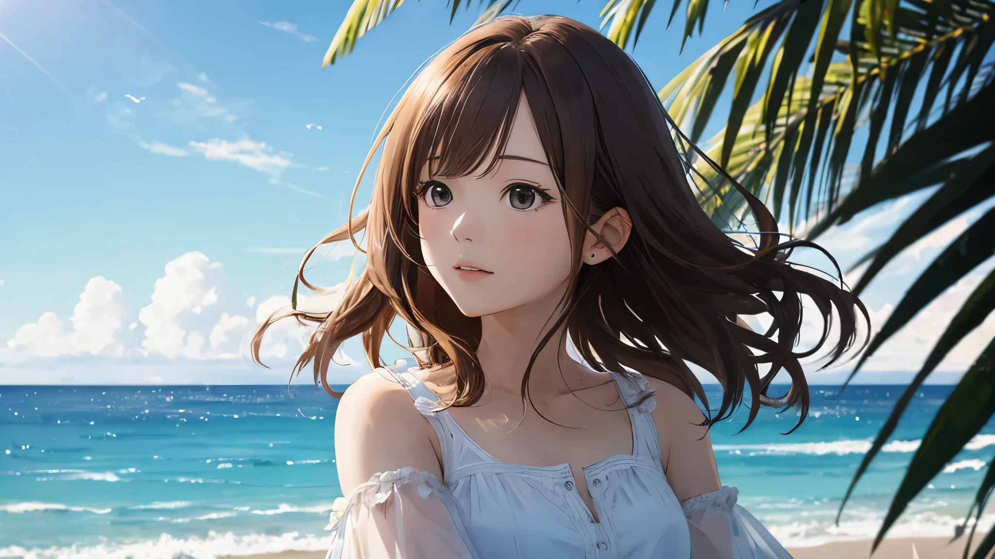 Shiraishi Mai, Looks exactly like Shiraishi Mai,Woman looks up at the sky ,Long Hair, Dark brown hair, 2 girls, 18-year-old, photograph, Realistic, highest quality, Detailed face, Strong sunlight, Ocean, Embankment, Detailed Background, Diffused sunlight, Depth of written boundary, Bokeh (highest quality: 1.2), (masterpiece: 1.2), Watch Viewer, one piece, White Theme, ,Distant view