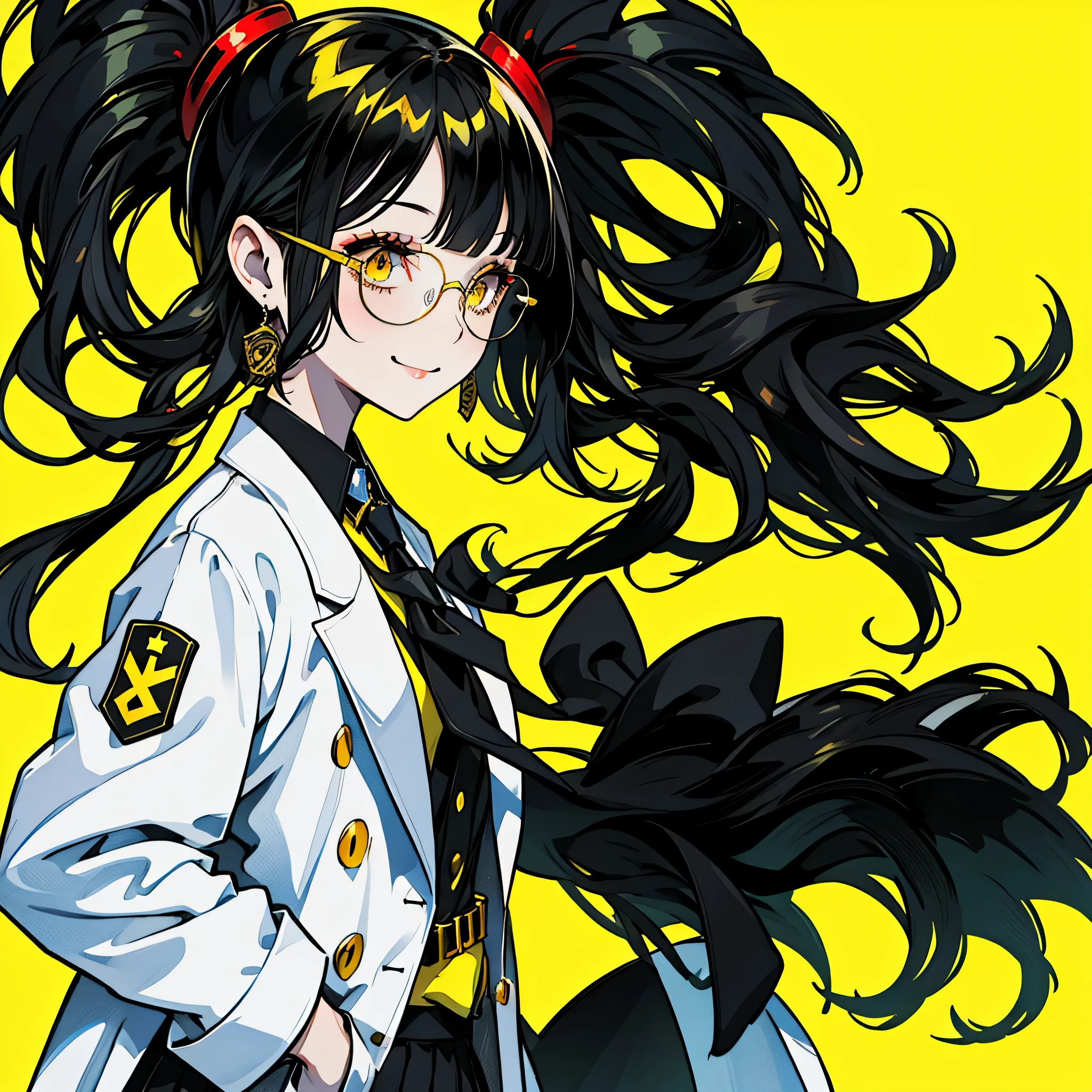 Standing against a background of black and yellow hair, 1 girl, One Girl(1:2)、 smile、Compensate、Red cheeks、short hair, Yellow Skirt, shirt, Black Hair, tie, ((doctor))、Private room、doctor style、((White long coat type lab coat))、Glasses, white shirt, Yellow Eyes, black tie, jewelry, Pleated skirt, From the side, Short sleeve, collared shirt, shirt tucked in,rum \(Rum dayo\),Yellow and black theme color、The background is solid yellow、Super simple yellow solid background,Waiting for the gentleman to start