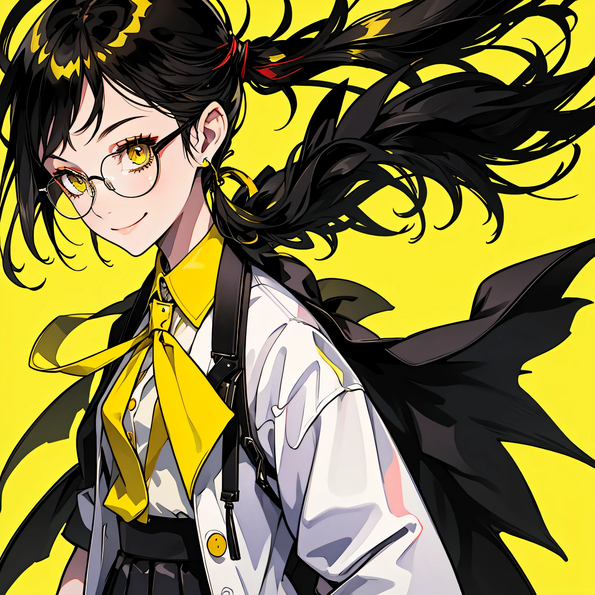 Standing against a background of black and yellow hair, 1 girl, One Girl(1:2)、 smile、Compensate、Red cheeks、short hair, Yellow Skirt, shirt, Black Hair, tie, ((doctor))、Private room、doctor style、((White long coat type lab coat))、Glasses, white shirt, Yellow Eyes, black tie, jewelry, Pleated skirt, From the side, Short sleeve, collared shirt, shirt tucked in,rum \(Rum dayo\),Yellow and black theme color、The background is solid yellow、Super simple yellow solid background,Waiting for the gentleman to start