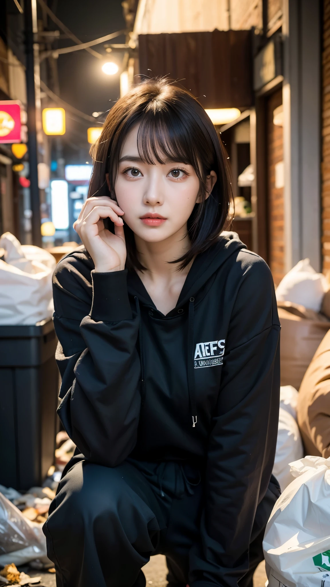 (((Crouching down and looking at me))),(((Perfect Fingers))),18-year-old,Korean women,Downtown trash dump,(((Facing forward))),(((Frowning,カメラをGlaring))),(Very fine eye), (((Wearing a black hoodie,Wearing baggy pants))),((photograph)),((Woman in downtown)),(((Fabric Shading))), (((highest quality))), (((masterpiece))) strong girl, ((((Realistic)))), I have a card,Black Hair, chic hairstyle, ((With bangs,Straight medium bob cut, nice hair)), Light makeup,Red eyes, (((I&#39;m not wearing lipstick))), (nice, strong), Strong night atmosphere,  Centered Images, Focus on the camera, Elegant colors,Realistic Skin,Realistic texture,８k,whole body,Pale skin, (((Dirty garbage dump))),A huge amount of trash,Red iris,Expressionless,Glaring,Perfect Face,(((Big eyes))),She is wearing wide black pants,Mouth closed, portrait of aespaのウィンター,She is wearing black streetwear, Woman in black streetwear, 黒いハイテクな服を着た女性のphotograph, Girl wearing black hoodie, Cyberpunk Streetwear, Cyberpunk Streetwear street fashion e-girl,