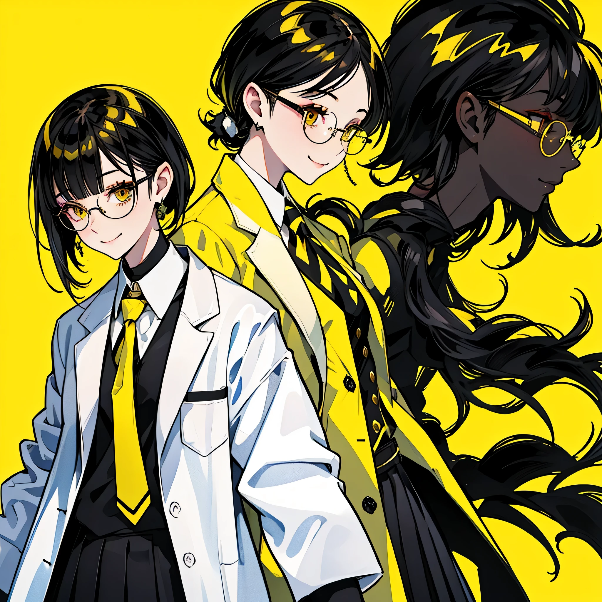 Standing against a background of black and yellow hair, 1 girl, One Girl(1:2)、 smile、Compensate、Red cheeks、short hair, Yellow Skirt, shirt, Black Hair, tie, ((doctor))、Private room、doctor style、((White long coat type lab coat))、Glasses, white shirt, Yellow Eyes, black tie, jewelry, Pleated skirt, From the side, Short sleeve, collared shirt, shirt tucked in,rum \(Rum dayo\),Yellow and black theme color、The background is solid yellow、Super simple yellow solid background,Waiting for the gentleman to start