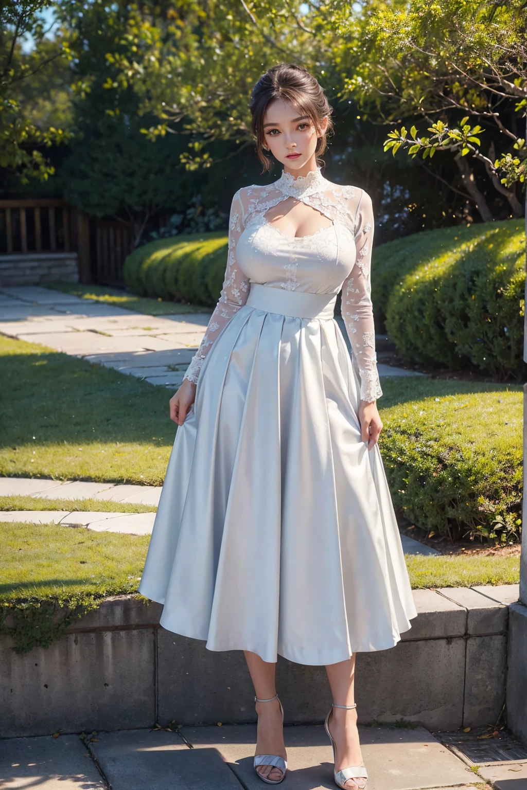 (((full image:1.5, full body, standing:1.8, facing viewer, the front body facing directly to the front of camera, show body from head to toe))), round huge breast, huge breast:1.5, tall body, fit body, pale skin, short hair with updo, ((standing)), a woman wearing lace blouse, wearing formal trousers, heels. High quality:1.3, natural lighting:2.0 realistic:1.2, 4k resolution, detailed skin, finely detail, masterpiece:1.1, centered image, shooting outdoor.