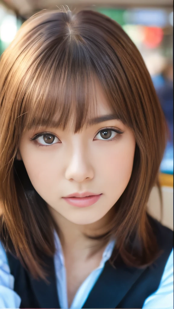 Best quality, 8k, ,Masterpiece :1.3)), facing viewer,((full body1.2)) ,pretty woman, wide shot ,1girl, , selfie , , Bus Stop,, brown hair , bangs,ultra-detailed face, highly detailed lips, detailed eyes, double eyelid
