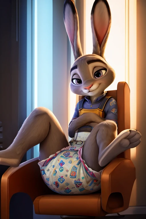 Judy Hopps, waring a big patterned diaper, cinematic lighting, sat in a chair facing forwards, legs up high and open