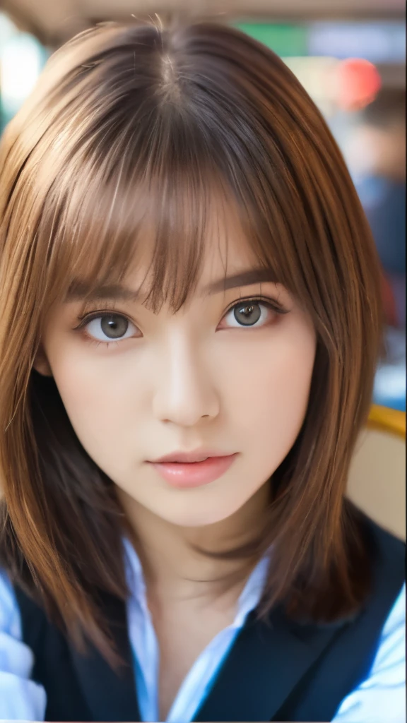 Best quality, 8k,  ,Masterpiece :1.3)), facing viewer,((full body1.2)) ,pretty woman, wide shot ,1girl, , selfie   , , Bus Stop,, brown hair  , bangs,ultra-detailed face, highly detailed lips, detailed eyes, double eyelid