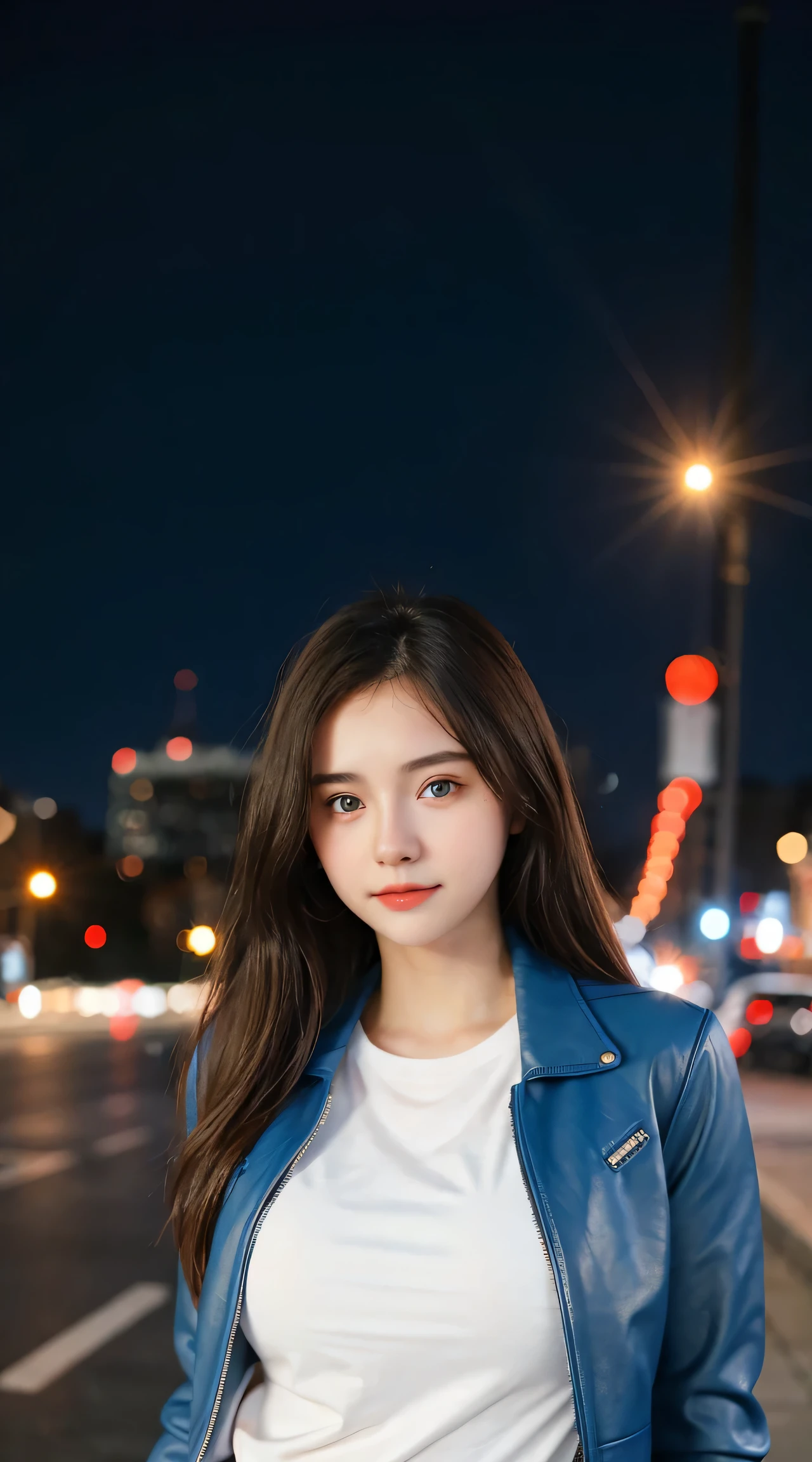 Gorgeus Girl, Beautiful, Baby Face, 20 Years Old, White Skin, Sexy Pose, long red t-shirt, Blue Eye, Bokeh, city Background, Masterpiece, asking for a hug, full body Shot, open arms, Leather Jacket Long Sleeve Zipper