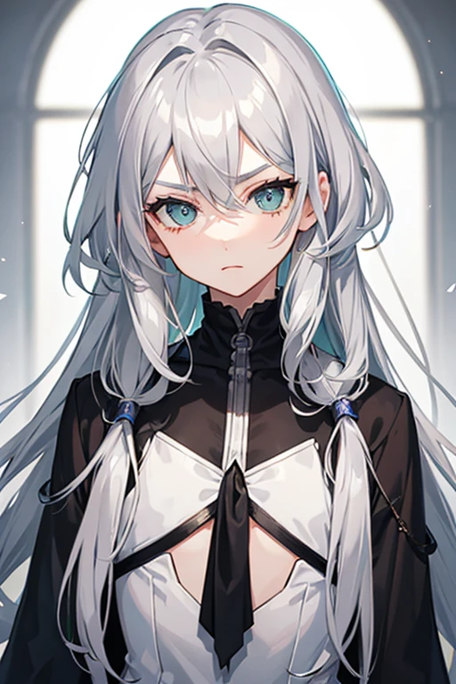 1boy, silver hair, long hair, thin eyebrows, bluish-green eyes