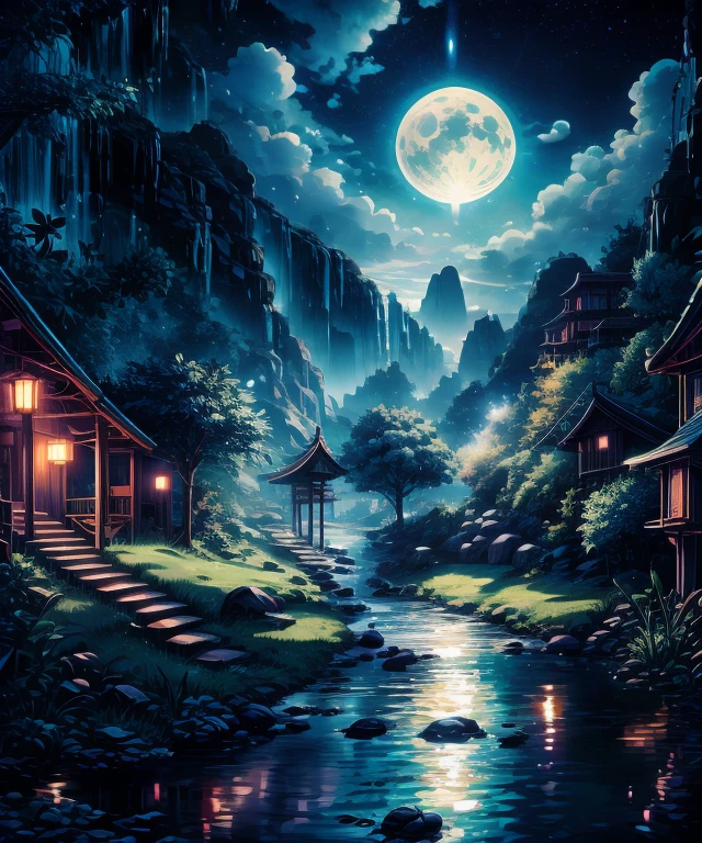 night scene with some house asian, vietnam, viet nam, ha giang, moon, lake in the foreground, calm night, green and blue, digital illustration, 4k highly detailed digital art, night scenery, anime art wallpaper 4k, anime art wallpaper 4 k, 4k detailed digital art, nighttime nature landscape, anime art wallpaper 8 k, background artwork, beautiful art uhd 4 k, 4 k hd illustrative wallpaper
