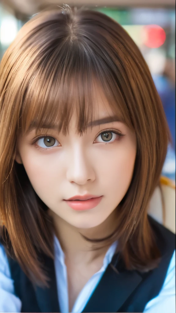 Best quality, 8k, ,Masterpiece :1.3)), facing viewer,((full body1.2)) ,pretty woman, wide shot ,1girl, , selfie , , Bus Stop,, brown hair , bangs,ultra-detailed face, highly detailed lips, detailed eyes, double eyelid