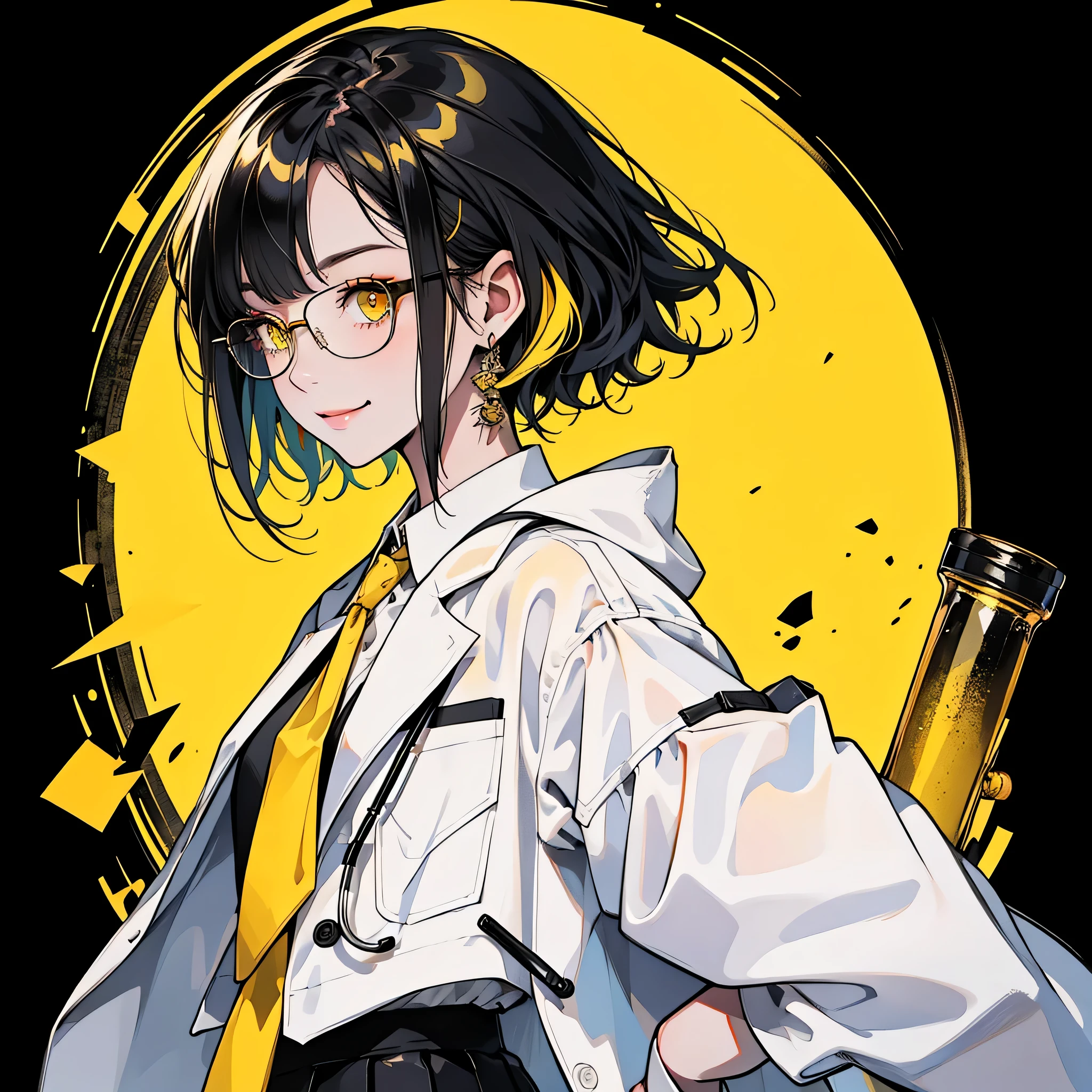 Standing against a background of black and yellow hair, 1 girl, One Girl(1:2)、 smile、Compensate、Red cheeks、short hair, Yellow Skirt, shirt, Black Hair, tie, ((doctor))、Private room、doctor style、((White long coat type lab coat))、Glasses, white shirt, Yellow Eyes, black tie, jewelry, Pleated skirt, From the side, Short sleeve, collared shirt, shirt tucked in,rum \(Rum dayo\),Yellow and black theme color、The background is solid yellow、Super simple yellow solid background,Waiting for the gentleman to start