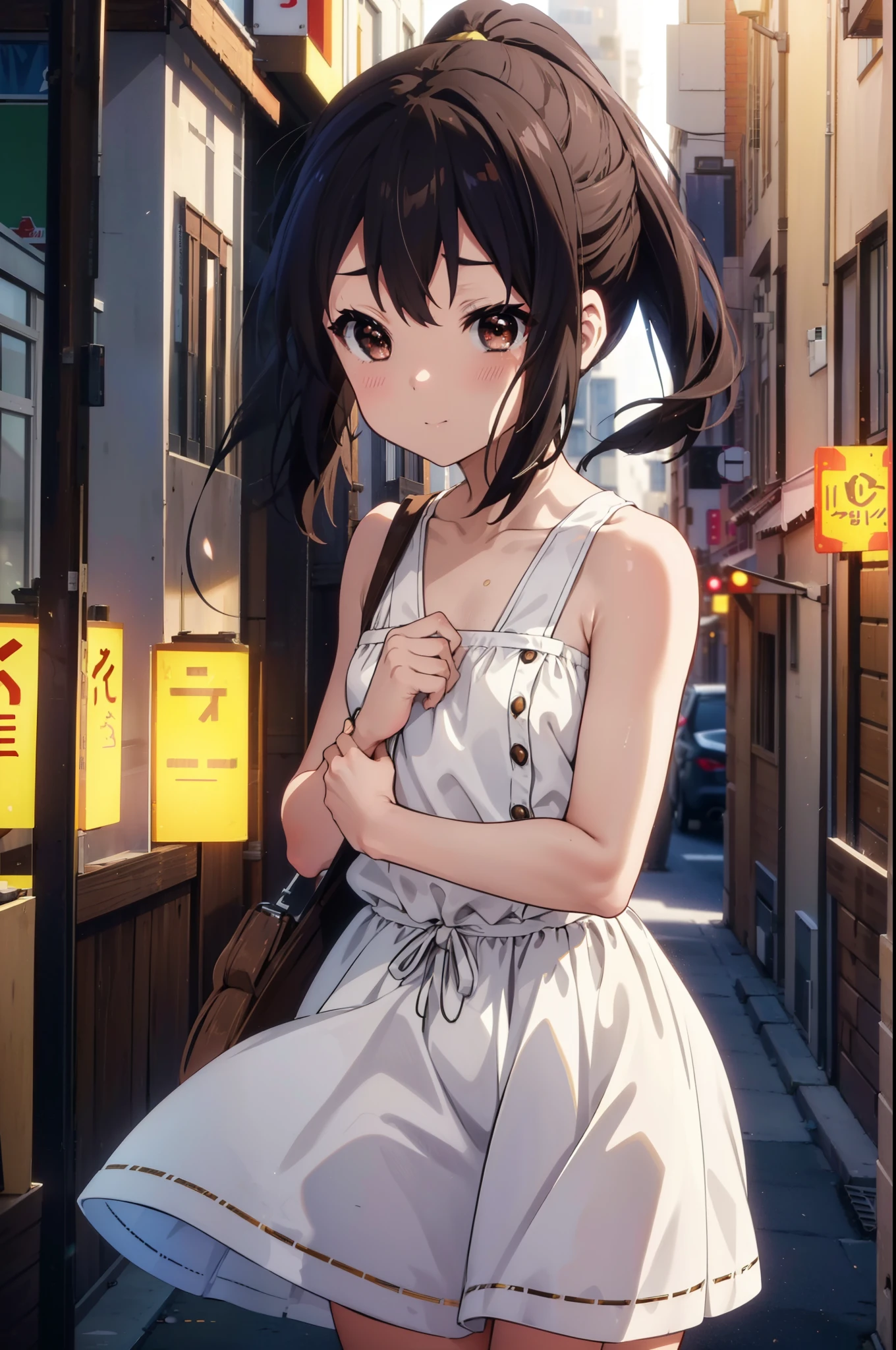 azusanakano, Azusa Nakano, Black Hair, (Brown eyes:1.5), Long Hair, smile,blush,ponytail,Short braided hair,yellow headband ,Long skirt integrated dress,Bare neck,bare clavicle,Bare shoulders,Cute Sandals,Daytime,Clear skies、
break indoors, In town,Building district,City Street,
break looking at viewer, (Cowboy Shot:1.5),
break (masterpiece:1.2), highest quality, High resolution, unity 8k wallpaper, (figure:0.8), (Beautiful fine details:1.6), Highly detailed face, Perfect lighting, Highly detailed CG, (Perfect hands, Perfect Anatomy),