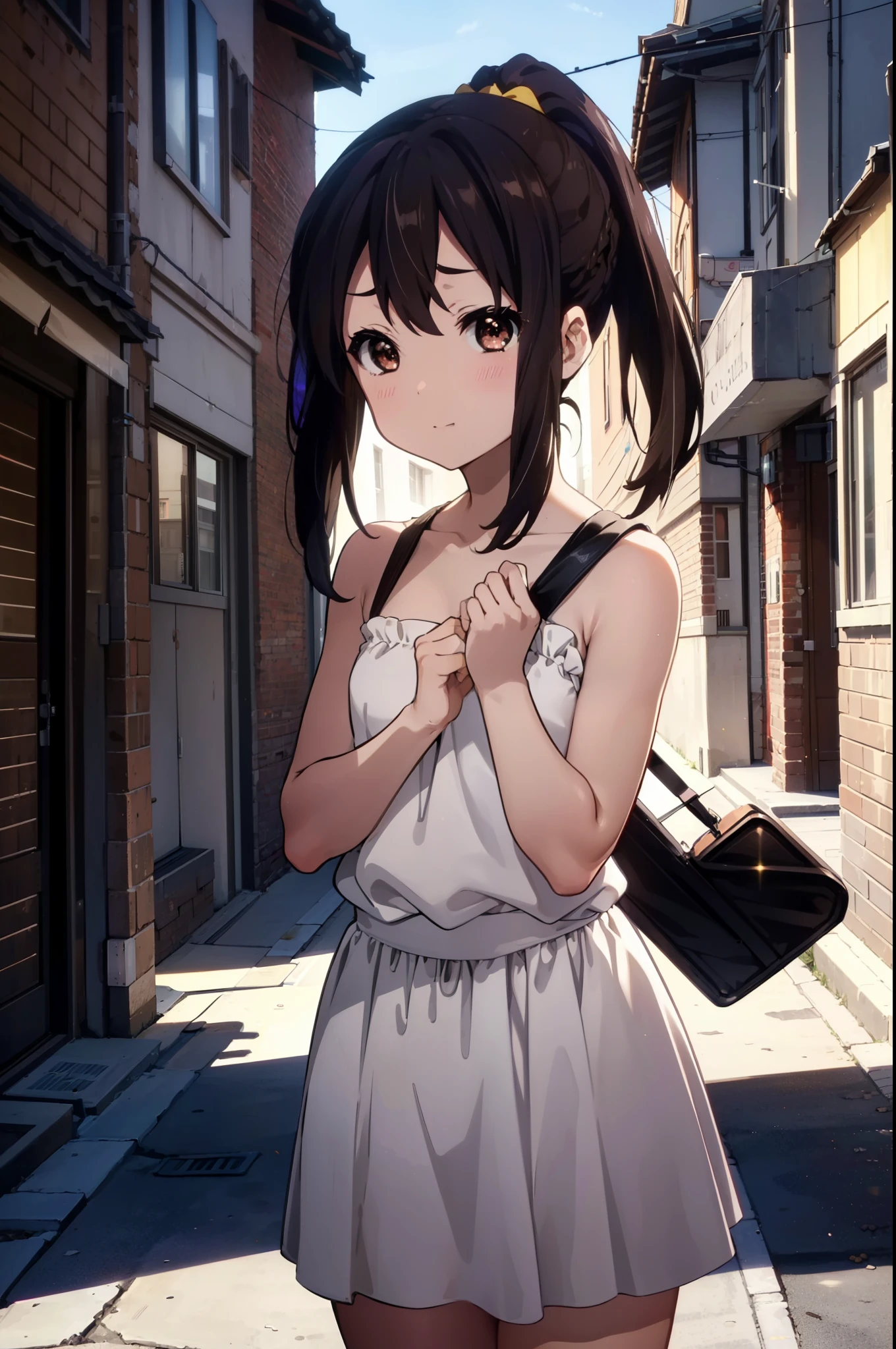 azusanakano, Azusa Nakano, Black Hair, (Brown eyes:1.5), Long Hair, smile,blush,ponytail,Short braided hair,yellow headband ,Long skirt integrated dress,Bare neck,bare clavicle,Bare shoulders,Cute Sandals,Daytime,Clear skies、
break indoors, In town,Building district,City Street,
break looking at viewer, (Cowboy Shot:1.5),
break (masterpiece:1.2), highest quality, High resolution, unity 8k wallpaper, (figure:0.8), (Beautiful fine details:1.6), Highly detailed face, Perfect lighting, Highly detailed CG, (Perfect hands, Perfect Anatomy),