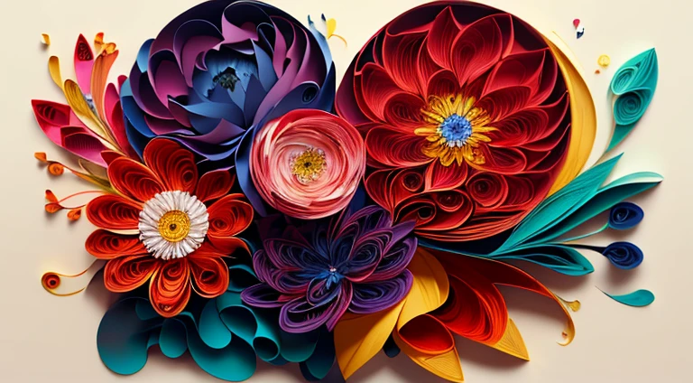 Realistic, (Best quality, Masterpiece: 1.3), Quilling, Petals are gathered together to form a heart shape, Various flowers are gathered together, Paper cut, Pattern, Pink background
